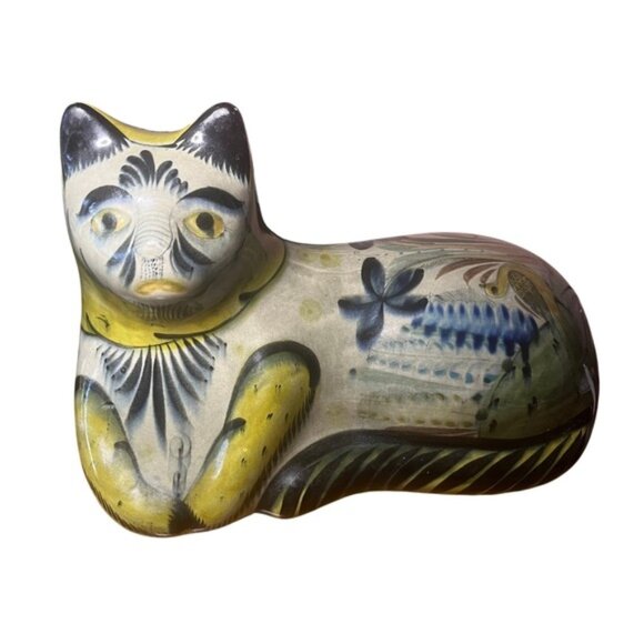 Large Tonala Mexican Hand Painted Ceramic Pottery Cat Folk Art Statue 14